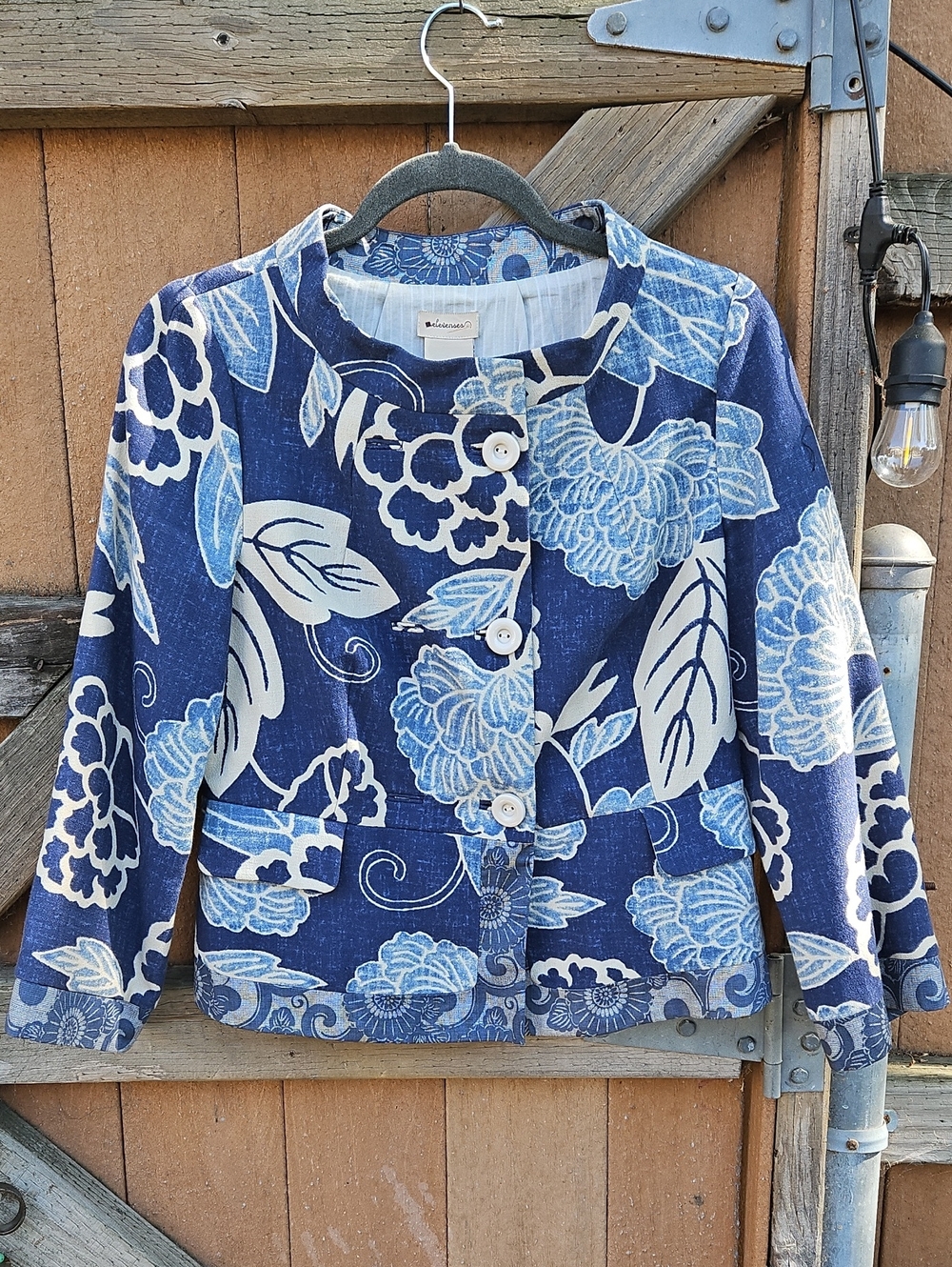 Anthropologie Brand Elevenses Cotton Summer Indigo Patterned Short Jacket0024